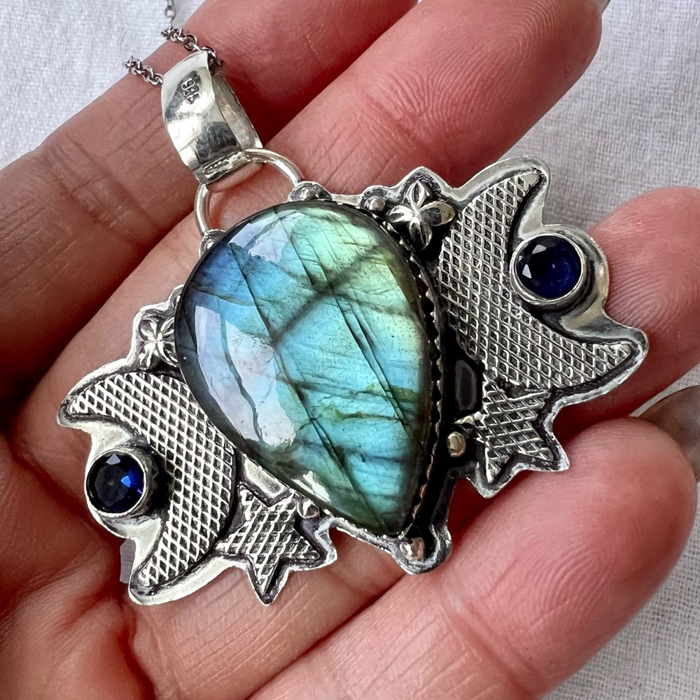 925 OMG OMG Mystical Flash Labradorite Moon + Star Pendant Necklace